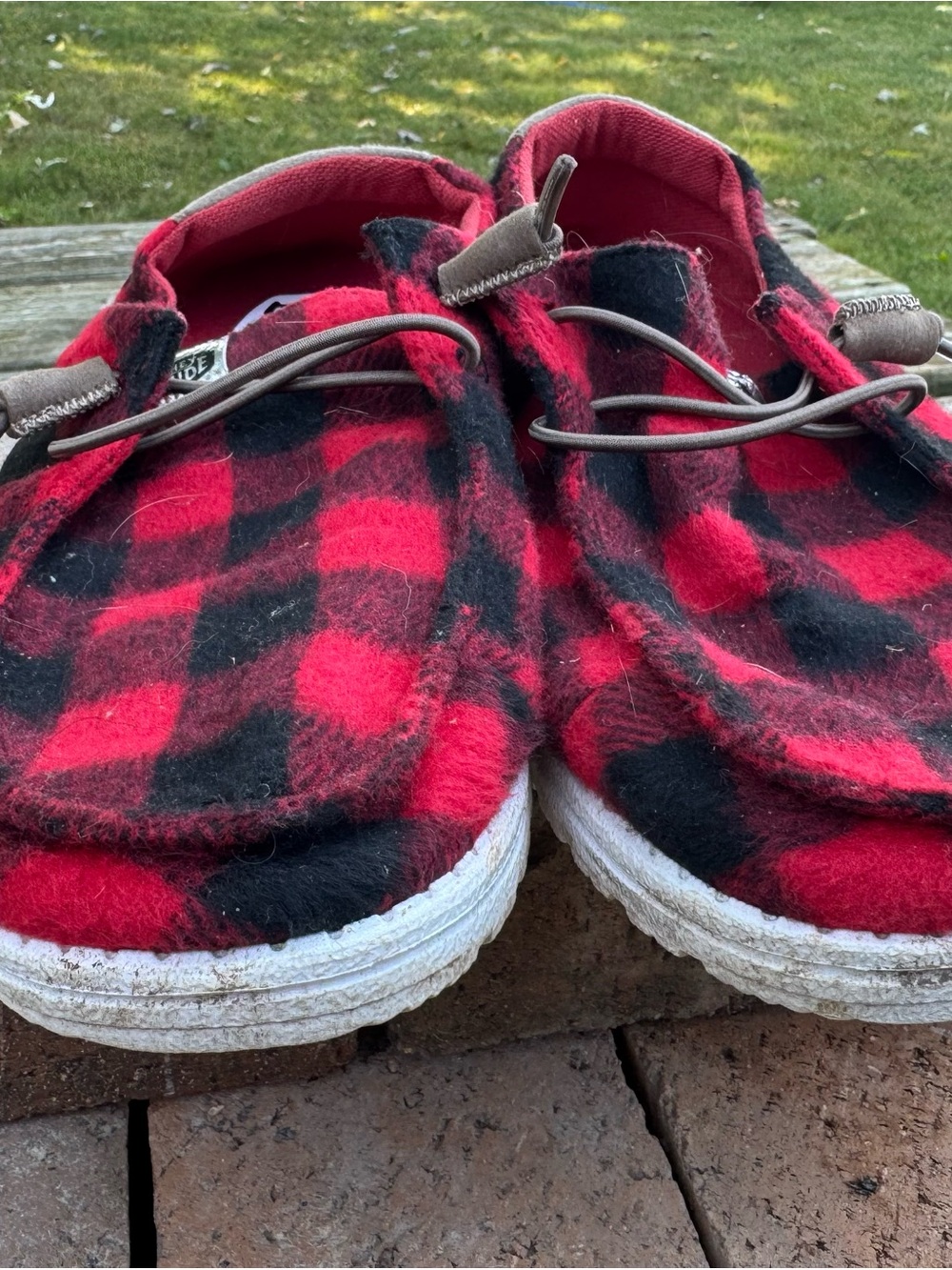 HEYDUDE Wendy Buffalo Plaid Red Black Slip On Shoes Womens Size 10